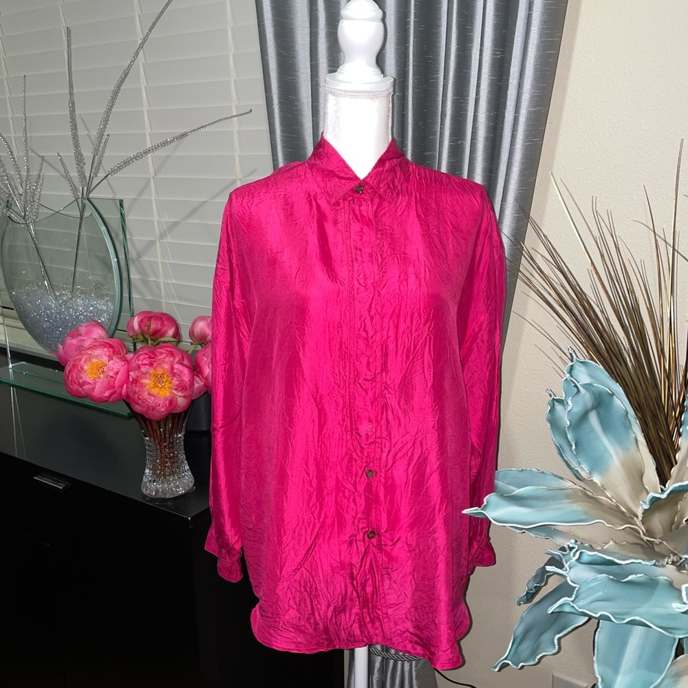 Express bright pink 100% silk button down blouse